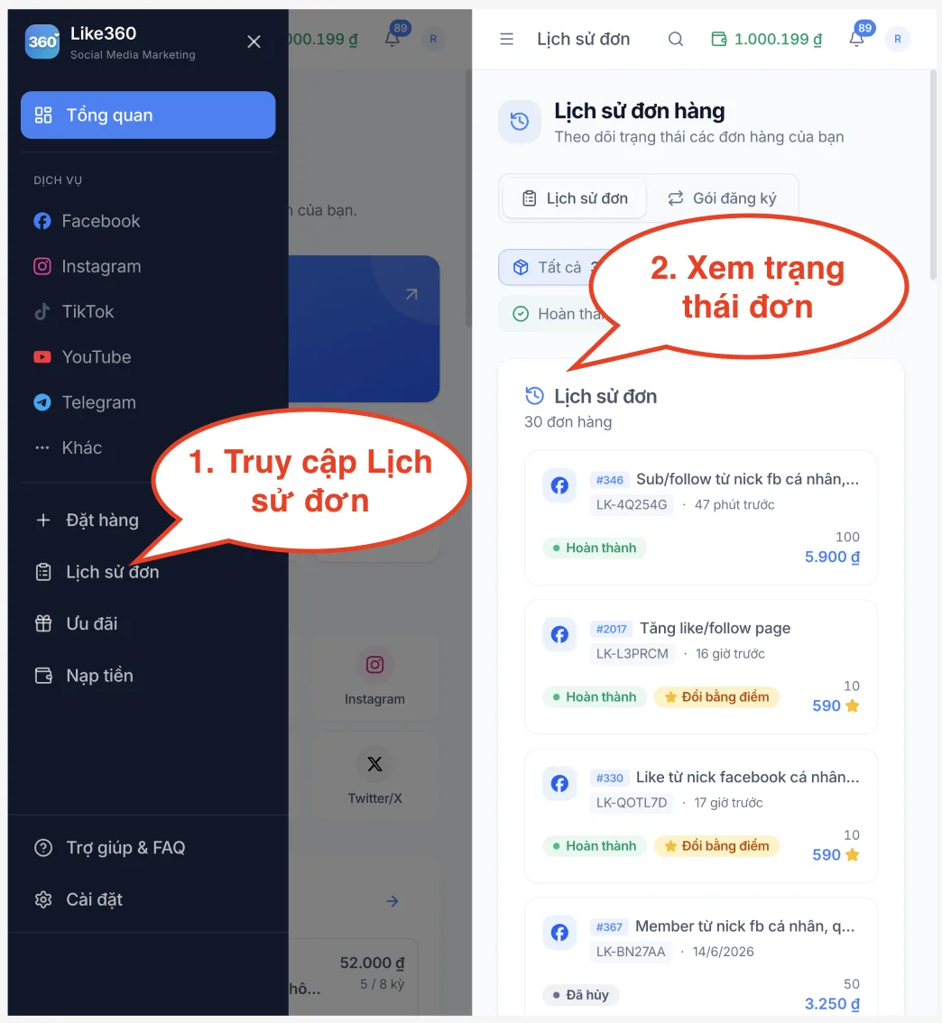 Bước 4: Xem tiến độ ở Lịch sử đơn