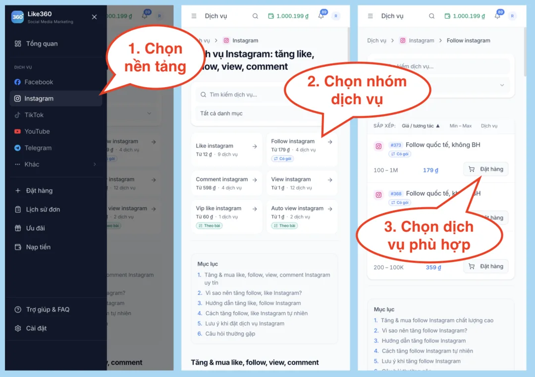 Bước 1: Chọn gói follow Instagram