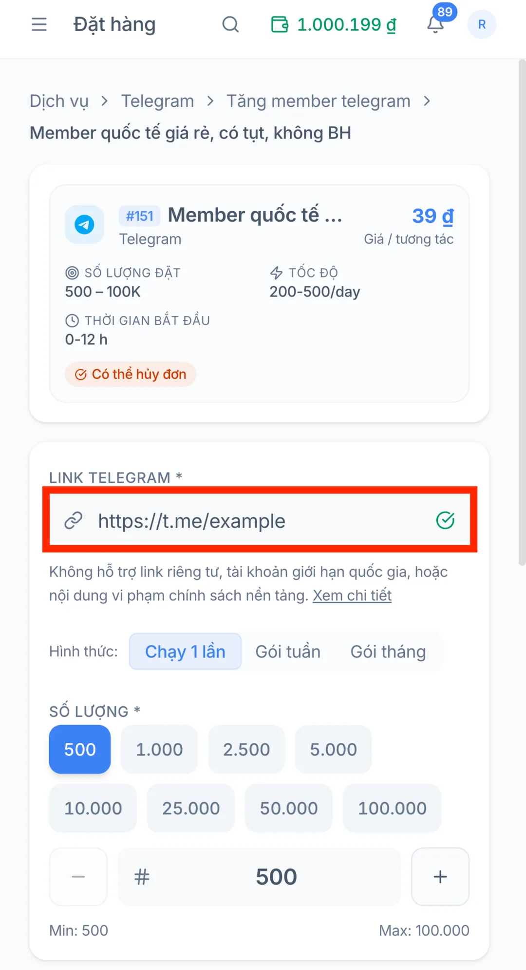 Bước 3: Dán link kênh vào đơn hàng