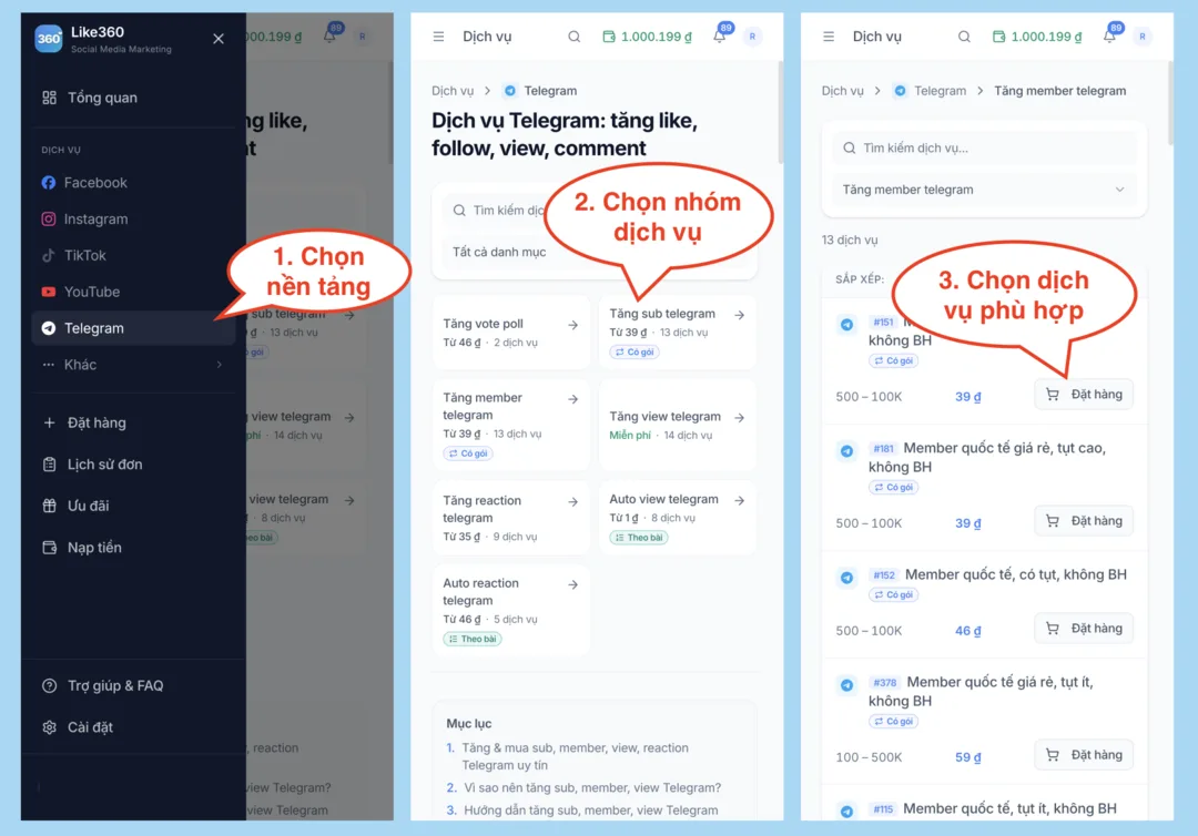Bước 1: Chọn gói tăng sub Telegram